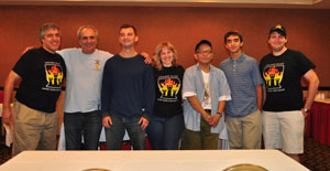 left to right, Blaze assistant publicity honcho Brad Rosen; GM Dmitry Gurevich, IM Florin Felecan; Blaze celebrity guest TD Betsy Dynako; IM Angelo Young, NM Eric Rosen; Blaze manager Daniel Parmet